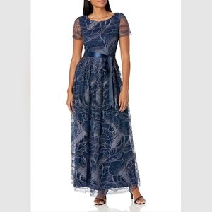 Tahari Women's Short Sleeve Embroidered Self Tie EMBROIDERED SEQUIN GOWN